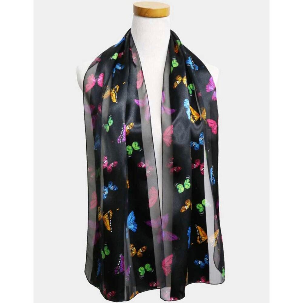 Black striped 60X13 long polyester multi colored butterfly scarf